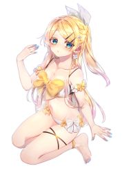 Rule 34 | 1girl, absurdres, anklet, barefoot, bikini, blonde hair, blue nails, blush, bow, breasts, cleavage, collarbone, earrings, expressionless, feet, full body, future style (module), hair bow, hair ornament, hairclip, hand up, highres, jewelry, kagamine rin, long hair, looking at viewer, nail polish, sapphire (ema-n), shoulder strap, solo, swept bangs, swimsuit, thigh strap, toenail polish, toenails, vocaloid, white background, white bow, yellow bow