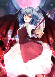 Rule 34 | 1girl, alternate costume, bat wings, blue hair, breasts, capelet, fingernails, foreshortening, full moon, highres, holding, indoors, looking at viewer, moon, nail polish, no headwear, no headwear, outstretched arm, red eyes, red moon, red nails, remilia scarlet, sharp fingernails, sinkai, skirt, small breasts, smile, solo, spear the gungnir, standing, touhou, white skirt, window, wings