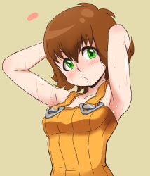 Rule 34 | 1girl, armpits, arms behind head, arms up, blush, breasts, brown hair, commentary request, curly hair, final fantasy, final fantasy viii, flipped hair, green eyes, highres, looking at viewer, medium breasts, selphie tilmitt, short hair, simple background, solo, sweat, upper body, yellow overalls, yuuya (blue scarab)