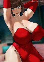 Rule 34 | 1girl, anna williams, armpits, artist name, batako (batakoart), blue eyes, blurry, blurry background, breasts, brown hair, cleavage, covered navel, dress, elbow gloves, gloves, groin, highres, huge breasts, looking at viewer, red dress, red gloves, red lips, short hair, solo, tekken, thighs, wide hips