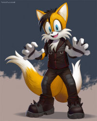 Rule 34 | 1boy, :d, black footwear, black hair, black jacket, black pants, blue eyes, boots, cosplay, erk aicrag (musician), eyeshadow, fox boy, furry, furry male, hands up, jacket, looking at viewer, makeup, male focus, multiple tails, open mouth, pants, smile, solo, sonic (series), spiked boots, spikes, tail, tails (sonic), totesfleisch8
