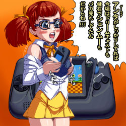 Rule 34 | 1girl, bad id, bad pixiv id, between breasts, blue eyes, blush, breast hold, breasts, breasts squeezed together, brown hair, cowboy shot, glasses, hair ribbon, handheld game console, kouno (masao), medium breasts, open clothes, open mouth, open shirt, original, ribbon, school uniform, sega, sega game gear, shirt, skirt, solo, sonic (series), translated, truth, twintails