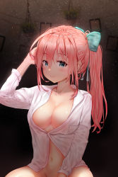 Rule 34 | 1girl, absurdres, aqua bow, aqua ribbon, blue eyes, blush, bow, breasts, character request, cleavage, collarbone, copyright request, groin, hair ribbon, hand on own head, hbb, highres, indoors, large breasts, light particles, long hair, long sleeves, looking at viewer, naked shirt, navel, partially unbuttoned, pink hair, ponytail, ribbon, shirt, sidelocks, sitting, smile, solo, stomach, wet, white shirt
