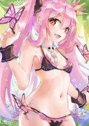 Rule 34 | 1girl, :d, bikini, black bikini, black ribbon, blush, breasts, bug, butterfly, commentary request, crown, detached collar, hair between eyes, hair ribbon, hand up, highres, hololive, insect, long hair, minertime, mini crown, nail polish, navel, open mouth, pink butterfly, pink hair, pink nails, red eyes, ribbon, sidelocks, small breasts, smile, solo, stomach, string bikini, swimsuit, twintails, upper body, uruha rushia, very long hair, virtual youtuber, wrist cuffs