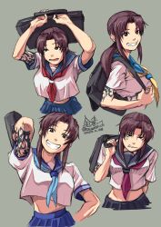 Rule 34 | 1girl, angry, arm tattoo, artist name, black lagoon, blue neckerchief, blue skirt, brown eyes, dated, expressions, grey background, highres, long hair, looking at viewer, mimiyama kiichi, multiple views, neckerchief, purple hair, red neckerchief, revy (black lagoon), school uniform, shirt, sketch, skirt, smile, solo, tattoo, white shirt