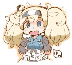 Rule 34 | 1girl, artist logo, black gloves, blonde hair, blue eyes, blue shirt, collared shirt, cowboy shot, flying sweatdrops, gambier bay (kancolle), gloves, hair between eyes, hairband, hanomido, kantai collection, long hair, open mouth, shirt, short sleeves, simple background, solo, twintails, white background