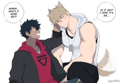 Rule 34 | 2boys, aark0, animal ears, black hair, blush, brown hair, commentary, dark skin, dog boy, dog ears, dog tail, english commentary, english text, closed eyes, frown, head tilt, headpat, highres, hood, hoodie, lanyard, male focus, multiple boys, muscular, muscular male, open mouth, original, pectoral cleavage, pectorals, red eyes, sideburns, sitting, smile, squatting, tail, tail wagging, yaoi