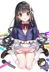 Rule 34 | 1girl, :o, absurdres, black hair, blue capelet, blunt bangs, blush, bow, brown footwear, capelet, cellphone, character doll, character request, collared shirt, commentary request, dress shirt, fingernails, frilled capelet, frills, full body, glowstick, grey eyes, hair bow, headphones, headphones removed, highres, holding, holding phone, jishou f-rank no oniisama ga game de hyouka sareru gakuen no chouten ni kunrin suru sou desu yo?, kneehighs, loafers, long hair, long sleeves, microphone, miniskirt, nail polish, nekometaru, parted lips, phone, pink nails, pleated skirt, shirt, shoes, simple background, sitting, skirt, sleeves past wrists, socks, textless version, thighs, very long hair, wariza, white background, white bow, white shirt, white skirt, white socks