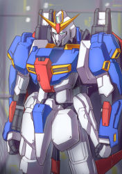 Rule 34 | blurry, blurry background, clenched hands, glowing, glowing eyes, green eyes, gundam, mecha, mecha focus, mellow yellow (my kakukaku), military, mobile suit, no humans, robot, science fiction, solo, standing, stationery, v-fin, zeta gundam, zeta gundam (mobile suit)