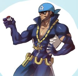 Rule 34 | 1boy, anchor necklace, archie (pokemon), bandana, beard, blue bandana, bodysuit, brown hair, closed mouth, collarbone, commentary, cowboy shot, creatures (company), diving suit, facial hair, game freak, hand on own hip, holding, holding poke ball, jewelry, male focus, muscular, na insoo, necklace, nintendo, poke ball, poke ball (basic), pokemon, pokemon oras, solo, team aqua, wetsuit