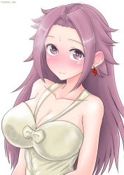 Rule 34 | 1girl, alternate costume, blush, breasts, cleavage, collarbone, commentary request, cypress, dress, highres, jun&#039;you (kancolle), kantai collection, large breasts, long hair, looking at viewer, magatama, nose blush, purple eyes, purple hair, smile, solo, spiked hair, upper body, white dress