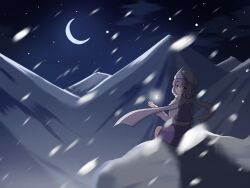 Rule 34 | 1girl, closed mouth, commentary, crescent moon, ehehe52921343, full body, highres, letty whiterock, looking at viewer, moon, mountain, night, outdoors, purple eyes, purple hair, purple skirt, scarf, short sleeves, sitting, skirt, snow, snowflakes, snowing, solo, touhou, white headwear, white scarf