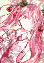Rule 34 | 1girl, bare shoulders, branch, cherry, cherry blossoms, cherry hair ornament, commentary, detached sleeves, food, food-themed hair ornament, from above, fruit, hair between eyes, hair ornament, hatsune miku, headset, holding, holding branch, leaf, long hair, lying, necktie, on back, pink eyes, pink hair, sakura miku, sazanami (ripple1996), shadow, smile, solo, symbol-only commentary, tree shade, twintails, very long hair, vocaloid