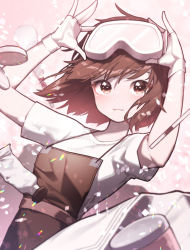 Rule 34 | 1girl, adjusting goggles, apron, arknights, beudelb, breasts, brown apron, brown eyes, brown hair, compact (cosmetics), dutch angle, fingerless gloves, gloves, goggles, goggles on head, hands on eyewear, highres, looking at viewer, pink background, roberta (arknights), shirt, short hair, small breasts, solo, t-shirt, white gloves, white shirt