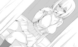 Rule 34 | 1girl, bed, berserkert, condom, highres, looking at viewer, monochrome, princess connect!, ruliweb, school uniform, second-party source, sitting, solo, tongue, tongue out, yui (princess connect!)