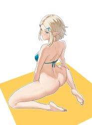Rule 34 | 1girl, ass, barefoot, between legs, bikini, bikini top only, blonde hair, blue bikini, bottomless, commentary, english commentary, feet, full body, green eyes, hair ornament, hairclip, hand between legs, hand on own knee, highres, kneeling, legs, looking at viewer, looking back, nintendo, parted bangs, pointy ears, pomelomelon, princess zelda, short hair, shoulder blades, sidelocks, simple background, soles, solo, swimsuit, the legend of zelda, the legend of zelda: tears of the kingdom, toenails, toes, two-tone background, white background, yellow background