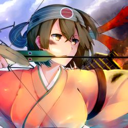 Rule 34 | 10s, 1girl, archery, arrow (projectile), bow (weapon), breasts, brown eyes, brown hair, drawing bow, gloves, hairband, headband, hiryuu (kancolle), hiryuu kai ni (kancolle), holding, holding bow (weapon), holding weapon, iberiko, japanese clothes, kantai collection, kyuudou, large breasts, muneate, partially fingerless gloves, partly fingerless gloves, serious, short hair, solo, weapon, yugake