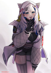 Rule 34 | 1girl, absurdres, akaharuu, animal hood, aqua eyes, asymmetrical legwear, belt, black gloves, blue hair, blush, braid, breasts, choker, cowboy shot, crop top, earrings, eyes visible through hair, fishnets, gloves, grey hair, hand up, highres, hololive, hololive indonesia, hood, hooded jacket, jacket, jewelry, large breasts, leaning forward, multicolored hair, open clothes, open jacket, open mouth, parted bangs, pavolia reine, pavolia reine (streetwear), smile, solo, streaked hair, striped clothes, striped thighhighs, thighhighs, vertical-striped clothes, vertical-striped thighhighs, virtual youtuber