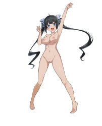 Rule 34 | 1girl, arm up, armpits, black hair, breasts, cleft of venus, completely nude, dungeon ni deai wo motomeru no wa machigatteiru darou ka, feet, hestia (danmachi), large breasts, nipples, nude, nude filter, pussy, standing, tagme, third-party edit, toes, twintails