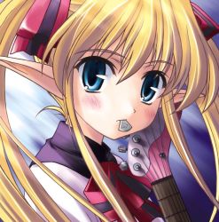 Rule 34 | 1girl, blonde hair, blue eyes, blush, bow, bowtie, close-up, colette brause, elf, flat chest, guitar, hair between eyes, hair ribbon, instrument, long hair, long pointy ears, looking at viewer, looking back, mouth hold, pastel chime, plectrum, pointy ears, ribbon, school uniform, sidelocks, solo, striped, turtleneck, twintails, yuuki tatsuya
