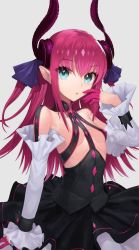 Rule 34 | 10s, 1girl, bangosu, black dress, blue eyes, blush, breasts, closed mouth, commentary request, curled horns, detached sleeves, dragon horns, dress, elizabeth bathory (fate), elizabeth bathory (fate/extra ccc), elizabeth bathory (first ascension) (fate), fate/extra, fate/extra ccc, fate (series), grey background, hair ribbon, hand up, horns, long hair, long sleeves, pink hair, pointy ears, purple ribbon, ribbon, simple background, small breasts, solo, two side up, very long hair, white sleeves