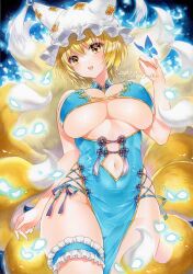 Rule 34 | 1girl, alternate costume, blonde hair, blue dress, breasts, china dress, chinese clothes, cleavage, commentary request, cross-laced clothes, curvy, dress, fox girl, fox tail, hat, large breasts, looking at viewer, marker (medium), mob cap, multiple tails, nordic niku, open mouth, short hair, solo, tail, thick thighs, thigh strap, thighs, touhou, traditional media, white hat, wide hips, yakumo ran, yellow eyes