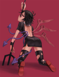 Rule 34 | 1girl, ass, asymmetrical wings, bad id, bad pixiv id, black hair, black thighhighs, dress, female focus, full body, gradient background, houjuu nue, kurione (pixiv), kurione (zassou), legs, polearm, red eyes, short hair, solo, spear, thighhighs, torn clothes, torn thighhighs, touhou, trident, weapon, wings, zettai ryouiki