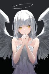 Rule 34 | 1girl, angel, angel wings, bare arms, bare shoulders, black background, brown eyes, closed mouth, collarbone, commentary, dress, english commentary, feathered wings, grey wings, halo, hands up, highres, ichika (ichika87), long hair, looking at viewer, original, own hands clasped, own hands together, simple background, solo, upper body, very long hair, white dress, white hair, wings