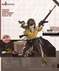 Rule 34 | 1girl, alcohol, apron, aqua necktie, artist request, assault rifle, black apron, bottle, braid, breasts, broken plate, brown background, brown pants, brown vest, casing ejection, character name, cleavage, closed mouth, commentary, copyright name, english commentary, eyepatch, full body, girls&#039; frontline, grey eyes, gun, highres, holding, holding gun, holding weapon, kneeling, long hair, long sleeves, looking at viewer, m16, m16a1, m16a1 (fairy kingdom brew) (girls&#039; frontline), m16a1 (girls&#039; frontline), medium breasts, mole, mole under eye, multicolored background, necktie, official alternate costume, official art, open clothes, open vest, pants, partially unbuttoned, plate, promotional art, rifle, scar, scar across eye, second-party source, serving cart, shell casing, shirt, shoes, simple background, socks, solo, spill, torn apron, torn clothes, torn pants, towel, very long hair, vest, waist apron, waiter, weapon, white background, white socks, wine, wine bottle, yellow footwear, yellow shirt