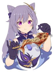 Rule 34 | 1girl, absurdres, bare shoulders, breasts, closed mouth, earrings, eating, fish, fish (food), food, genshin impact, gloves, hair between eyes, hair ornament, highres, holding, holding food, jewelry, keqing (genshin impact), looking at viewer, purple eyes, purple hair, solo, twintails, upper body, warabi yuuzou