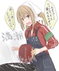 Rule 34 | 1girl, anchor symbol, apron, armband, bandana, black apron, brown eyes, character name, commentary request, cowboy shot, fanning, fish, green armband, grill, hand fan, jacket, kantai collection, light brown hair, michishio (kancolle), one-hour drawing challenge, open mouth, paper fan, red jacket, saury, simple background, smoke, solo, takase asagiri, track jacket, translation request, uchiwa, white background