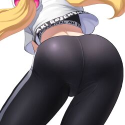 Rule 34 | 1girl, absurdres, aki rosenthal, ass, blonde hair, character name, close-up, commentary, highres, hololive, hololive dance practice uniform, khoaphan96, long hair, official alternate costume, simple background, skin tight, solo, symbol-only commentary, virtual youtuber, white background