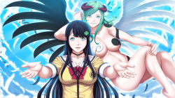 Rule 34 | 2girls, black hair, blue eyes, breasts, demon, feathers, flying, game cg, green hair, highres, horns, large breasts, legs, long hair, looking at viewer, multiple girls, p/a: potential ability, school uniform, sei shoujo, simple background, smile, standing, takajyou yuna, thighs, wings