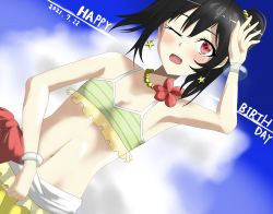 Rule 34 | 1girl, ;), absurdres, aqua scrunchie, artist request, bare shoulders, bikini, bikini bottom only, bikini skirt, black hair, blue sky, blush, bow, bracelet, breasts, choker, cleavage, cloud, collarbone, dated, day, earrings, english text, female focus, flat chest, flower, flower choker, frilled bikini, frills, green bikini, hair between eyes, hair bobbles, hair bow, hair flower, hair ornament, hand over head, hibiscus, highres, jewelry, long hair, looking at viewer, love live!, love live! school idol project, natsuiro egao de 1 2 jump!, navel, necklace, one eye closed, outdoors, parted lips, pearl necklace, red bow, red eyes, red flower, scrunchie, short hair, short twintails, sky, small breasts, smile, solo, star (symbol), star earrings, striped bikini, striped clothes, swimsuit, tankini, twintails, white scrunchie, wrist scrunchie, yazawa nico