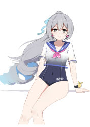 1girl absurdres bare_legs blue_bow blue_sailor_collar bow bowtie bronya_zaychik bronya_zaychik_(herrscher_of_truth) bronya_zaychik_(school_swimsuit) bronya_zaychik_(valkyrie_chariot) closed_mouth collarbone commentary covered_navel crop_top drill_hair drill_ponytail earrings grey_eyes grey_hair hair_between_eyes hair_bow highres honkai_(series) honkai_impact_3rd jewelry legs light_blush long_hair looking_at_viewer marin_liekuriva pink_bow pink_bowtie sailor_collar school_swimsuit see-through_clothes see-through_shirt self_cosplay shirt simple_background sitting smile solo swimsuit very_long_hair white_background white_shirt