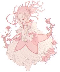 Rule 34 | 1girl, blush, branch, bubble skirt, cherry blossoms, choker, chromatic aberration, closed eyes, closed mouth, cropped legs, crying, flat chest, floating hair, flower, frilled skirt, frilled sleeves, frills, furrowed brow, gloves, hair down, hair ribbon, hair tie in mouth, highres, kaname madoka, kono yo no inga wo hazureta mono, leaf, mahou shoujo madoka magica, mahou shoujo madoka magica (anime), mouth hold, pink flower, pink hair, pink ribbon, pink rose, pink theme, puffy short sleeves, puffy sleeves, red choker, ribbon, ribbon choker, rose, sad, short sleeves, simple background, skirt, solo, soul gem, tears, untied, untying, white background, white gloves, white skirt
