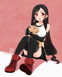 Rule 34 | black hair, black skirt, boots, breasts, dog, earrings, final fantasy, final fantasy vii, final fantasy vii remake, full body, jewelry, krudears, large breasts, long hair, open mouth, red eyes, simple background, skirt, smile, solo, square enix, suspenders, thighhighs, tifa lockhart, zettai ryouiki