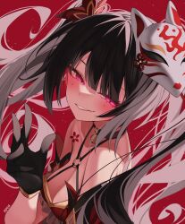 Rule 34 | 1girl, absurdres, bare shoulders, black choker, black gloves, black hair, blush, breasts, choker, cleavage, commentary, criss-cross halter, detached sleeves, dress, fox mask, gloves, halter dress, halterneck, highres, honkai: star rail, honkai (series), long hair, looking at viewer, mask, mask on head, medium breasts, mole, mole under each eye, mole under eye, multiple moles, open mouth, red background, red dress, rirua (kjom802), simple background, sleeveless, sleeveless dress, smile, solo, sparkle (honkai: star rail), upper body