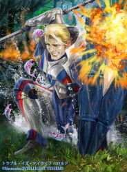 Rule 34 | 1boy, alternate costume, armored boots, arthur (fire emblem fates), blonde hair, blue eyes, boots, fire, fire emblem, fire emblem cipher, fire emblem fates, fish, gloves, grass, male focus, manly, nintendo, official art, polearm, red eyes, shield, soeda ippei, solo, spear, teeth, tree, water, weapon
