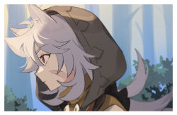 Rule 34 | 1boy, animal ears, bush, closed mouth, day, facial scar, from side, genshin impact, grey hair, hair between eyes, hood, hood up, long hair, male focus, miz (mi), outdoors, profile, razor (genshin impact), red eyes, scar, scar on cheek, scar on face, solo, tree, upper body, wolf boy, wolf ears