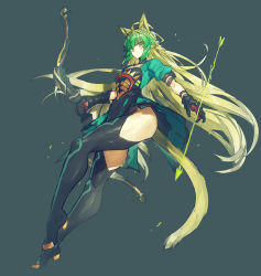 Rule 34 | 1girl, ahoge, animal ears, arrow (projectile), atalanta (fate), black footwear, black gloves, blonde hair, boots, bow (weapon), breasts, cat ears, dress, fate/apocrypha, fate (series), gloves, green dress, green eyes, green hair, legs, long hair, looking at viewer, medium breasts, melon22, multicolored hair, puffy short sleeves, puffy sleeves, short sleeves, simple background, thigh boots, thighhighs, two-tone hair, weapon