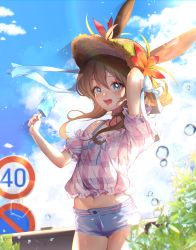 Rule 34 | 1girl, :d, alternate costume, amiya (arknights), animal ears, arknights, arm up, bare shoulders, black choker, blue bow, blue eyes, blue ribbon, blue shorts, blush, bow, bra strap, brown hair, brown hat, casual, choker, collarbone, commentary, cowboy shot, day, denim, denim shorts, ears through headwear, flower, food, frilled shirt, frilled sleeves, frills, hat, hat flower, hibiscus, highres, holding, holding food, jewelry, leaf, long hair, looking at viewer, midriff, navel, off-shoulder shirt, off shoulder, open mouth, outdoors, pink shirt, plaid, plaid shirt, popsicle, rabbit ears, red flower, ribbon, rimsuk, ring, road sign, shirt, short shorts, short sleeves, shorts, sign, smile, solo, straw hat, suitcase, symbol-only commentary, water drop