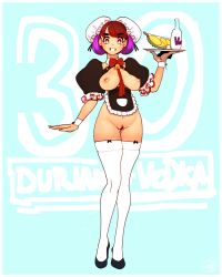 Rule 34 | 1girl, alcohol, bottomless, breasts, breasts out, cheunchin, commentary, cup, drinking glass, durian, english commentary, english text, female pubic hair, flats, full body, highres, holding, holding tray, large breasts, maid, original, pubic hair, red eyes, revealing clothes, shot glass, smile, standing, thighhighs, tray, vodka, wrist cuffs