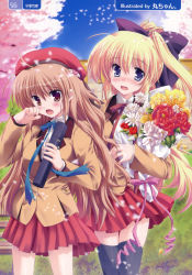 Rule 34 | 2girls, absurdres, ahoge, beret, black thighhighs, blazer, blonde hair, blue eyes, blush, bouquet, bow, brown eyes, brown hair, cherry blossoms, day, fang, flower, grass, hair bow, happy birthday (artist), hat, heart, highres, jacket, long hair, maruchan., multiple girls, non-web source, open mouth, outdoors, petals, pleated skirt, ponytail, ribbon, scan, school uniform, skirt, sky, standing, tears, thighhighs, very long hair, zettai ryouiki