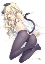 Rule 34 | 1girl, animal ears, ass, ass cutout, bare shoulders, bed sheet, black bra, black pantyhose, blonde hair, blunt bangs, blush, bra, cat ears, cat tail, clothing cutout, commentary request, covered erect nipples, crotch seam, dated, dress shirt, feet, female focus, finger to mouth, flat chest, foot focus, from above, full body, glasses, indoors, kiya shii, long hair, long sleeves, looking at viewer, looking back, lying, no panties, no pants, no shoes, off shoulder, on stomach, open clothes, open shirt, pantyhose, perrine h. clostermann, shirt, signature, solo, strike witches, tail, tail through clothes, toes, underwear, white shirt, world witches series, yellow eyes