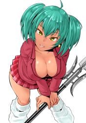 Rule 34 | 1girl, arms under breasts, ass, breasts, cleavage, dark-skinned female, dark skin, feet out of frame, foreshortening, green eyes, green hair, haiboku, highres, holding, holding polearm, holding spear, holding weapon, huge ass, ikkitousen, jacket, large breasts, long hair, looking at viewer, naughty face, navel, nipples, no bra, open clothes, polearm, ryofu housen, school uniform, serafuku, shiny skin, simple background, skirt, smile, socks, solo, spear, torn clothes, torn sleeves, twintails, unworn skirt, v-shaped eyebrows, weapon, white background, wide hips