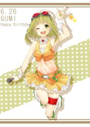 Rule 34 | 1girl, \m/, ahoge, bare shoulders, brooch, character name, commentary, crop top, detached collar, frilled skirt, frills, goggles, goggles on head, green eyes, green hair, green nails, gumi, hand up, happy birthday, highres, holding, holding microphone, jewelry, layered skirt, legs up, looking at viewer, microphone, midriff, nail polish, navel, one eye closed, open mouth, orange shirt, red goggles, see-through, shadow, shirt, short hair, shun-syun, skirt, sleeveless, sleeveless shirt, smile, solo, star (symbol), thigh strap, vocaloid, yellow skirt