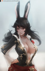 Rule 34 | 1girl, animal ears, arm at side, warrior of light (ff14), black hair, breasts, closed mouth, coat, collarbone, commission, fictional persona, final fantasy, final fantasy xiv, floating hair, frills, gray bear, hand on own hip, large breasts, lips, long hair, long sleeves, looking at viewer, no bra, patreon logo, patreon username, rabbit ears, red eyes, smile, solo, stomach, swept bangs, upper body, viera, watermark, web address