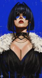 Rule 34 | 1girl, alternate costume, black dress, black hair, blue background, blue hair, breasts, chain, chain necklace, dated, dress, fur-trimmed jacket, fur trim, highres, holocouncil, hololive, hololive english, jacket, jewelry, large breasts, necklace, ouro kronii, red lips, round eyewear, short hair, steb, sunglasses, tinted eyewear, virtual youtuber