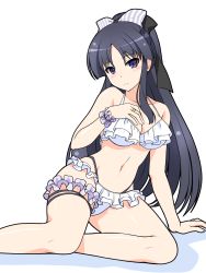 Rule 34 | 1girl, alternate hairstyle, arm support, assault lily, bare arms, bare shoulders, bikini, black hair, black ribbon, blush, bow, breasts, bridal garter, cleavage, closed mouth, collarbone, commentary request, frilled bikini, frills, hair bow, hair ribbon, halterneck, hand on own chest, hand up, high ponytail, highres, jewelry, large breasts, long hair, looking at viewer, multi-strapped bikini, musashiya chougenbou, navel, official alternate costume, ponytail, purple eyes, ribbon, ring, scrunchie, shadow, shirai yuyu, sidelocks, simple background, sitting, solo, stomach, striped, striped bow, swimsuit, thigh strap, very long hair, white background, white bikini, white bow, wrist scrunchie, yokozuwari